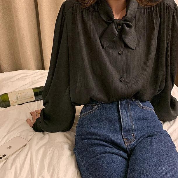 丸リボンタイブラックブラウス 6128-black_お取り寄せ6128-画像1-韓国ファッション通販POPREA［ポップリア］