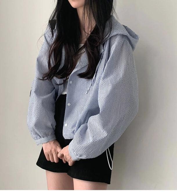 ブルーストライプショートジャケット 6133-blue_お取り寄せ6133-画像2-韓国ファッション通販POPREA［ポップリア］