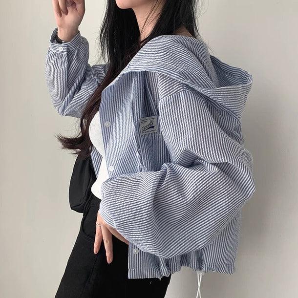 ブルーストライプショートジャケット 6133-blue_お取り寄せ6133-画像3-韓国ファッション通販POPREA［ポップリア］