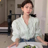 グルーンフリルVネックブラウス 6138-green_お取り寄せ6138-画像2-韓国ファッション通販POPREA［ポップリア］