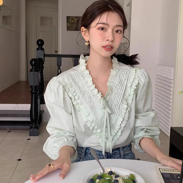 グルーンフリルVネックブラウス 6138-green_お取り寄せ6138-画像2-韓国ファッション通販POPREA［ポップリア］