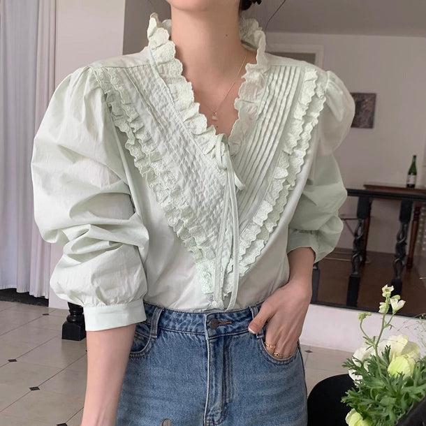 グルーンフリルVネックブラウス 6138-green_お取り寄せ6138-画像3-韓国ファッション通販POPREA［ポップリア］