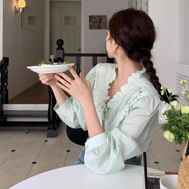 グルーンフリルVネックブラウス 6138-green_お取り寄せ6138-画像4-韓国ファッション通販POPREA［ポップリア］