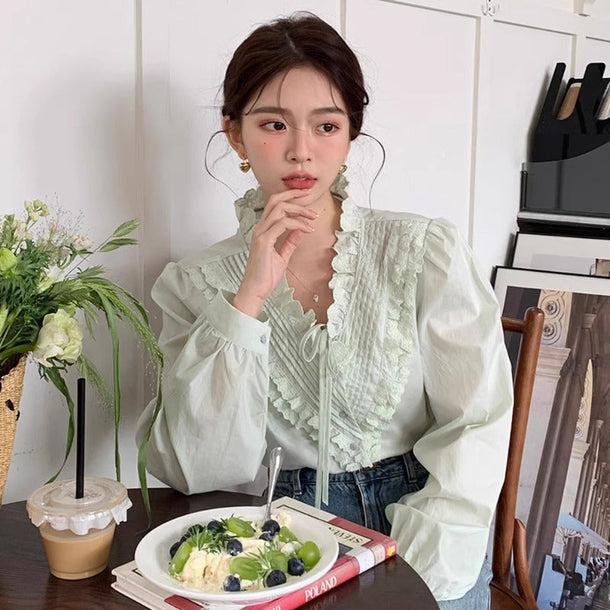 グルーンフリルVネックブラウス 6138-green_お取り寄せ6138-画像5-韓国ファッション通販POPREA［ポップリア］