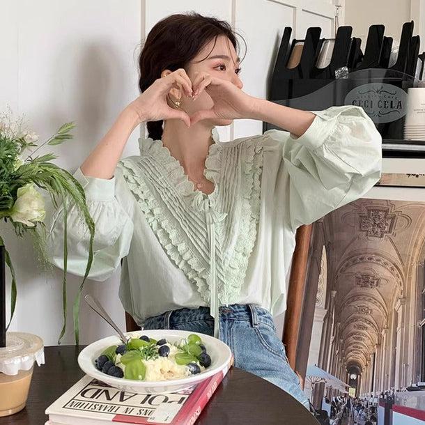 グルーンフリルVネックブラウス 6138-green_お取り寄せ6138-画像6-韓国ファッション通販POPREA［ポップリア］