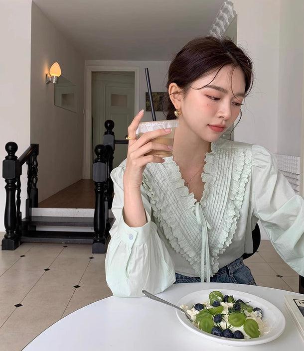 グルーンフリルVネックブラウス 6138-green_お取り寄せ6138-画像7-韓国ファッション通販POPREA［ポップリア］