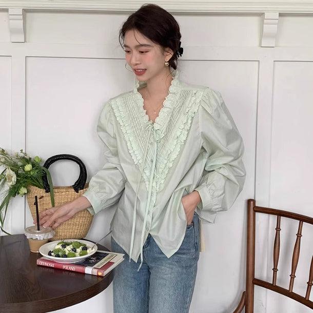 グルーンフリルVネックブラウス 6138-green_お取り寄せ6138-画像8-韓国ファッション通販POPREA［ポップリア］