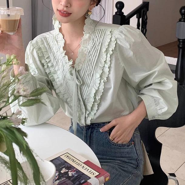 グルーンフリルVネックブラウス 6138-green_お取り寄せ6138-画像1-韓国ファッション通販POPREA［ポップリア］