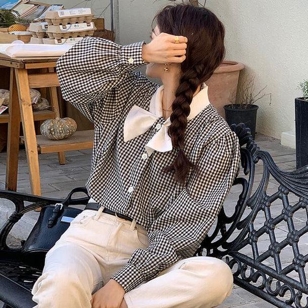 リボンラペルギンガムチェックシャツ 6139-black_お取り寄せ6139-画像10-韓国ファッション通販POPREA［ポップリア］