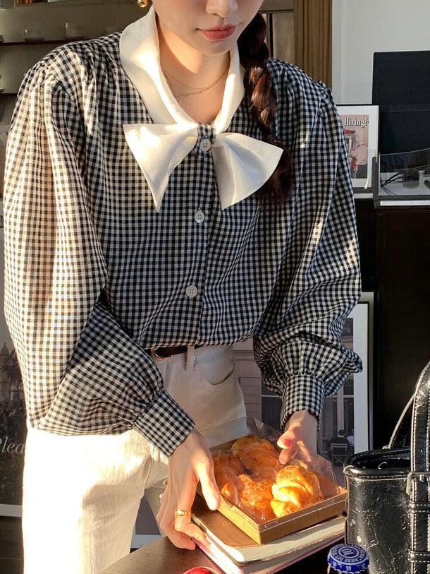 リボンラペルギンガムチェックシャツ 6139-black_お取り寄せ6139-画像11-韓国ファッション通販POPREA［ポップリア］