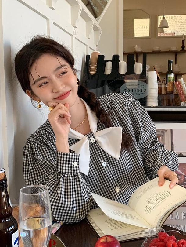 リボンラペルギンガムチェックシャツ 6139-black_お取り寄せ6139-画像12-韓国ファッション通販POPREA［ポップリア］