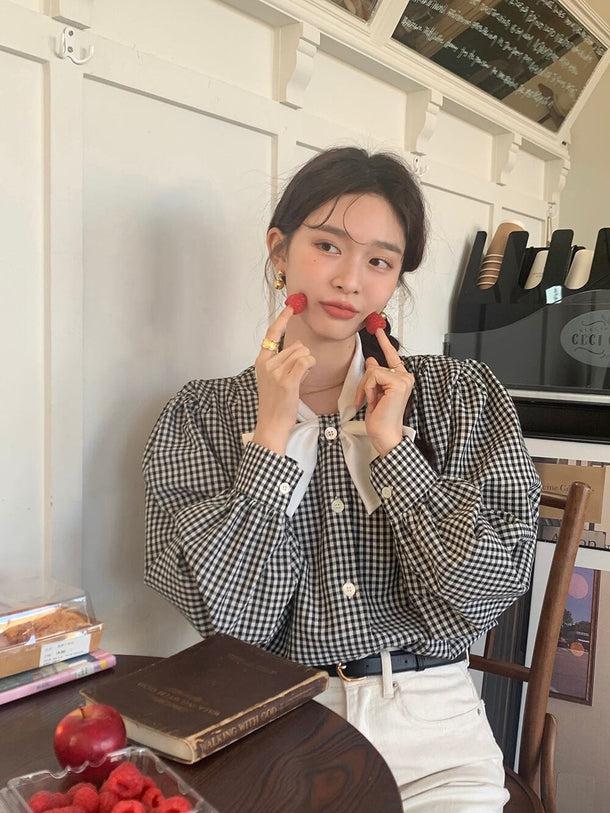 リボンラペルギンガムチェックシャツ 6139-black_お取り寄せ6139-画像3-韓国ファッション通販POPREA［ポップリア］