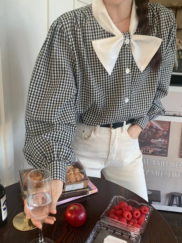 リボンラペルギンガムチェックシャツ 6139-black_お取り寄せ6139-画像5-韓国ファッション通販POPREA［ポップリア］