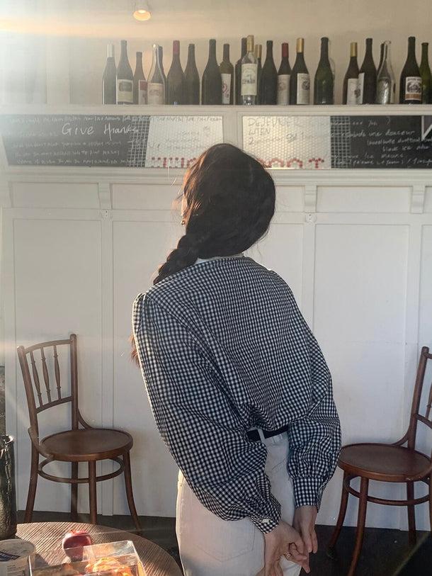 リボンラペルギンガムチェックシャツ 6139-black_お取り寄せ6139-画像6-韓国ファッション通販POPREA［ポップリア］