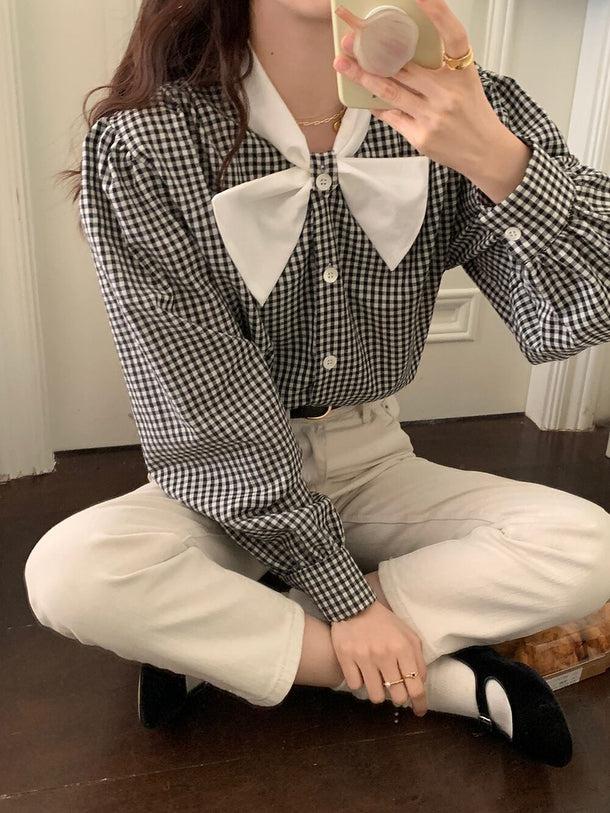 リボンラペルギンガムチェックシャツ 6139-black_お取り寄せ6139-画像8-韓国ファッション通販POPREA［ポップリア］