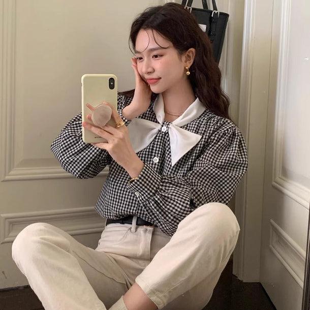 リボンラペルギンガムチェックシャツ 6139-black_お取り寄せ6139-画像1-韓国ファッション通販POPREA［ポップリア］