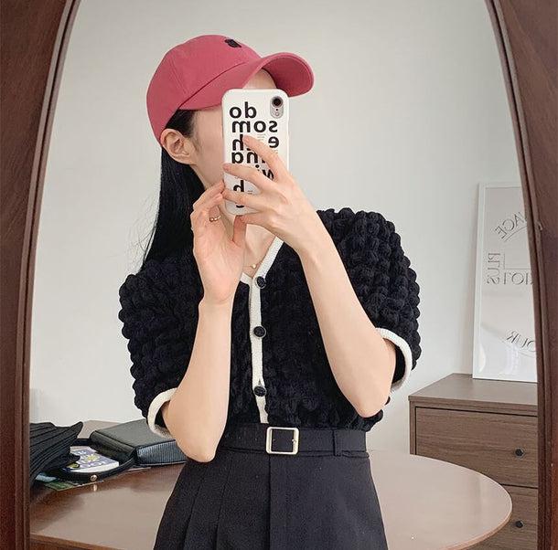 Vネックポップコーンニットカーディガン 6140-black_お取り寄せ6140-画像2-韓国ファッション通販POPREA［ポップリア］