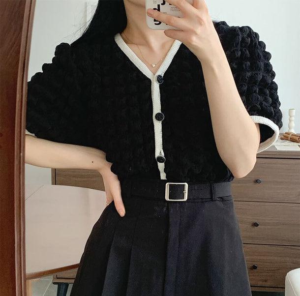 Vネックポップコーンニットカーディガン 6140-black_お取り寄せ6140-画像3-韓国ファッション通販POPREA［ポップリア］