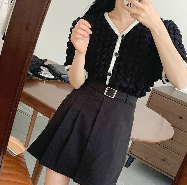 Vネックポップコーンニットカーディガン 6140-black_お取り寄せ6140-画像4-韓国ファッション通販POPREA［ポップリア］