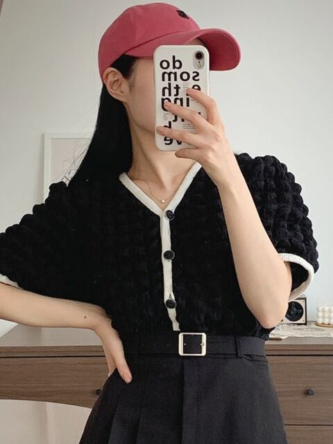 Vネックポップコーンニットカーディガン 6140-black_お取り寄せ6140-画像5-韓国ファッション通販POPREA［ポップリア］