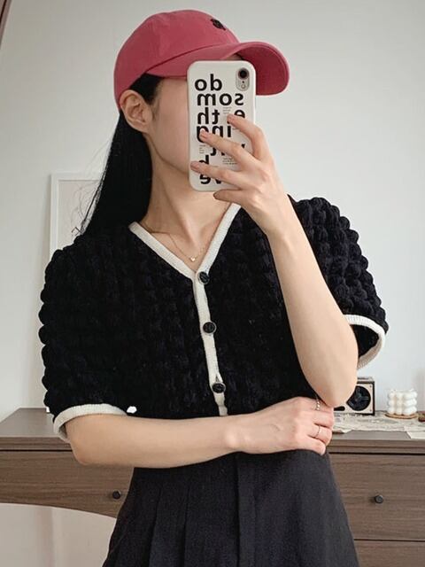 Vネックポップコーンニットカーディガン 6140-black_お取り寄せ6140-画像6-韓国ファッション通販POPREA［ポップリア］