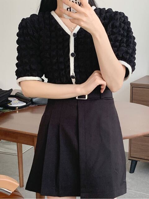 Vネックポップコーンニットカーディガン 6140-black_お取り寄せ6140-画像7-韓国ファッション通販POPREA［ポップリア］