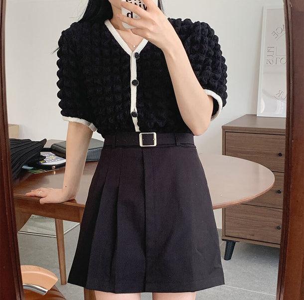 Vネックポップコーンニットカーディガン 6140-black_お取り寄せ6140-画像8-韓国ファッション通販POPREA［ポップリア］