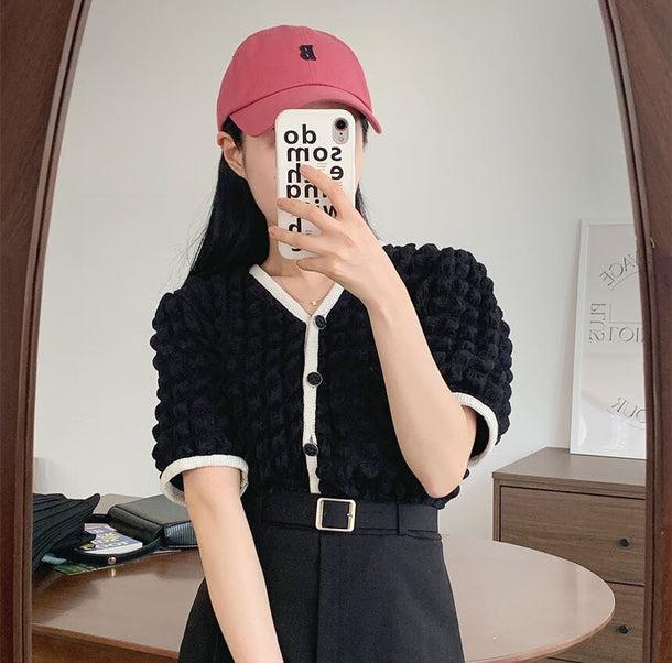 Vネックポップコーンニットカーディガン 6140-black_お取り寄せ6140-画像1-韓国ファッション通販POPREA［ポップリア］