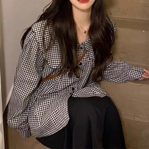 ギンガムロングスリーブブラウス 6146-black_お取り寄せ6146-画像2-韓国ファッション通販POPREA［ポップリア］