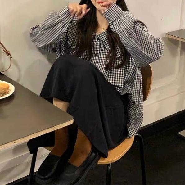 ギンガムロングスリーブブラウス 6146-black_お取り寄せ6146-画像3-韓国ファッション通販POPREA［ポップリア］