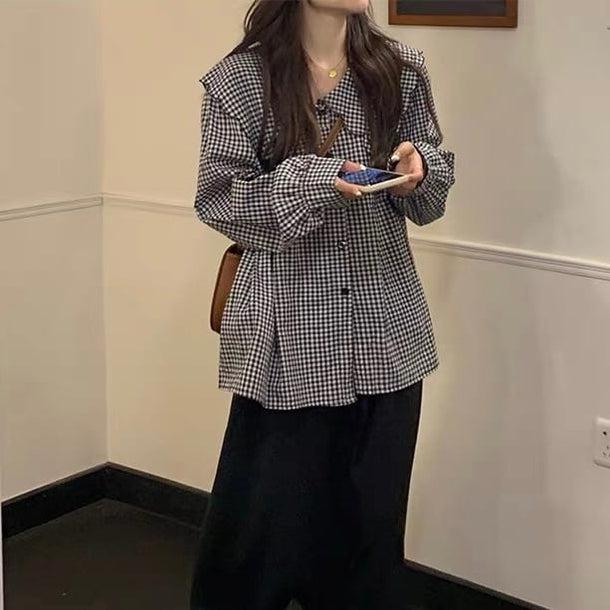 ギンガムロングスリーブブラウス 6146-black_お取り寄せ6146-画像4-韓国ファッション通販POPREA［ポップリア］