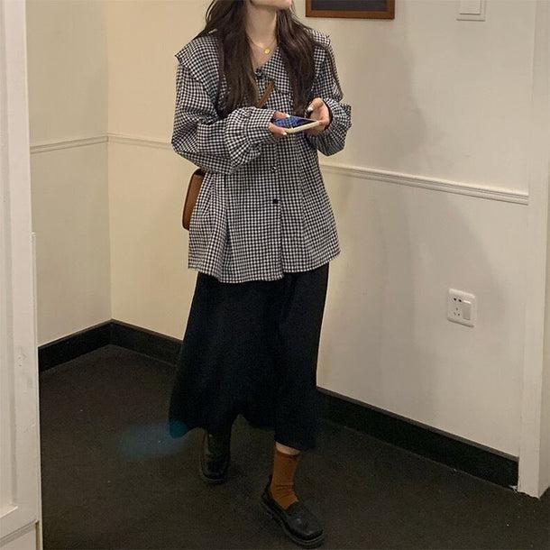 ギンガムロングスリーブブラウス 6146-black_お取り寄せ6146-画像5-韓国ファッション通販POPREA［ポップリア］