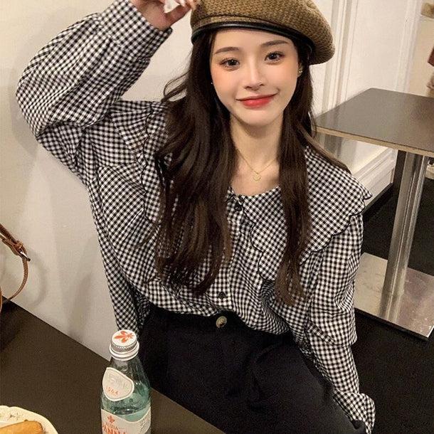 ギンガムロングスリーブブラウス 6146-black_お取り寄せ6146-画像6-韓国ファッション通販POPREA［ポップリア］