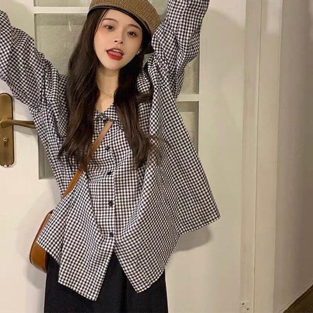 ギンガムロングスリーブブラウス 6146-black_お取り寄せ6146-画像7-韓国ファッション通販POPREA［ポップリア］