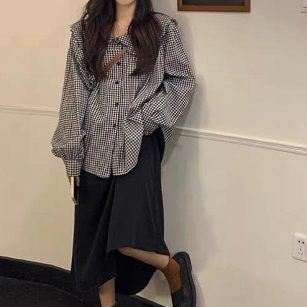 ギンガムロングスリーブブラウス 6146-black_お取り寄せ6146-画像1-韓国ファッション通販POPREA［ポップリア］