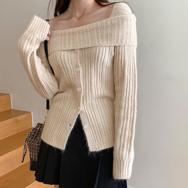 オフショルダーロングスリーブタイトリブニット﻿ 6152-ivory_お取り寄せ61521-画像1-韓国ファッション通販POPREA［ポップリア］