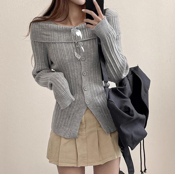 オフショルダーロングスリーブタイトリブニット﻿ 6152-gray_お取り寄せ61523-画像9-韓国ファッション通販POPREA［ポップリア］