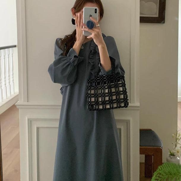 バックスリットフリルワンピース 6158-gray_お取り寄せ6158-画像2-韓国ファッション通販POPREA［ポップリア］