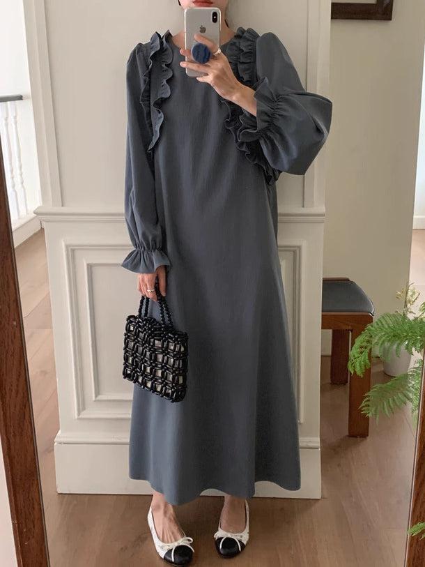 バックスリットフリルワンピース 6158-gray_お取り寄せ6158-画像3-韓国ファッション通販POPREA［ポップリア］