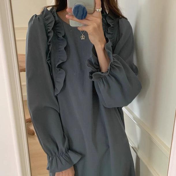 バックスリットフリルワンピース 6158-gray_お取り寄せ6158-画像4-韓国ファッション通販POPREA［ポップリア］