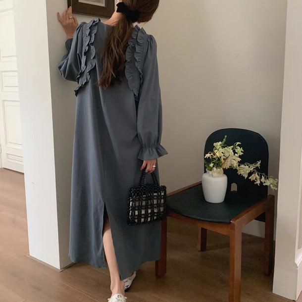 バックスリットフリルワンピース 6158-gray_お取り寄せ6158-画像5-韓国ファッション通販POPREA［ポップリア］