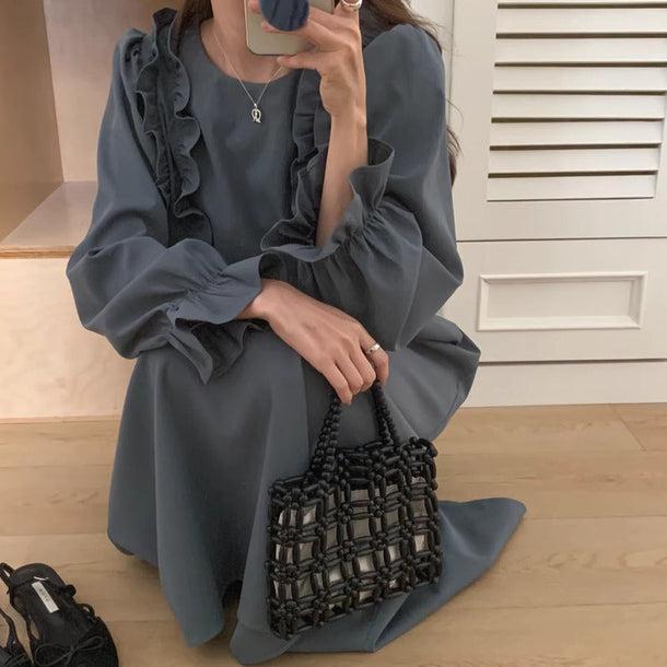 バックスリットフリルワンピース 6158-gray_お取り寄せ6158-画像6-韓国ファッション通販POPREA［ポップリア］