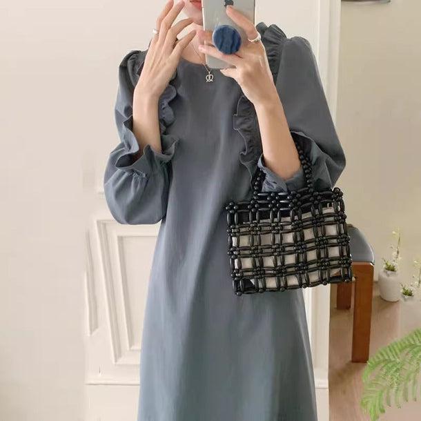 バックスリットフリルワンピース 6158-gray_お取り寄せ6158-画像1-韓国ファッション通販POPREA［ポップリア］