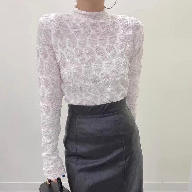 ウェーブパターンシアーハイネックトップス 6159-white_お取り寄せ61591-画像1-韓国ファッション通販POPREA［ポップリア］