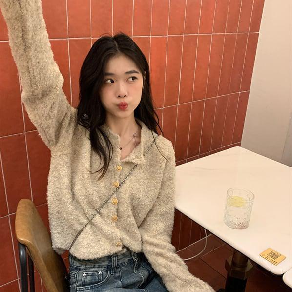 モヘアタッチニットカーディガン 6169-khaki_お取り寄せ6169-画像3-韓国ファッション通販POPREA［ポップリア］