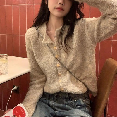 モヘアタッチニットカーディガン 6169-khaki_お取り寄せ6169-画像4-韓国ファッション通販POPREA［ポップリア］