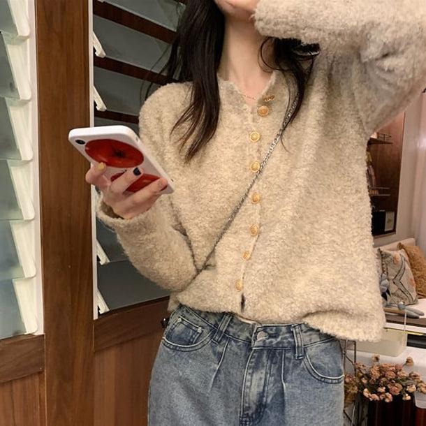 モヘアタッチニットカーディガン 6169-khaki_お取り寄せ6169-画像1-韓国ファッション通販POPREA［ポップリア］