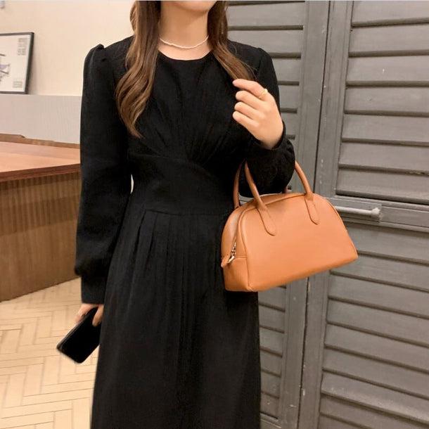 プリーツウエストブラックワンピース﻿ 6188-black_お取り寄せ6188-画像2-韓国ファッション通販POPREA［ポップリア］