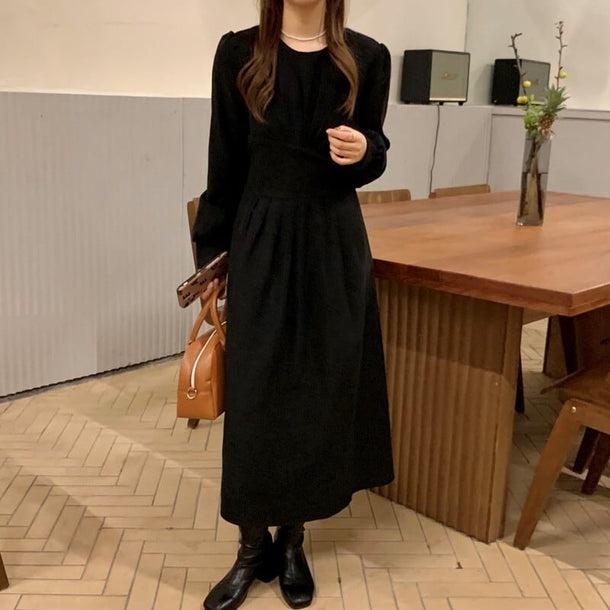 プリーツウエストブラックワンピース﻿ 6188-black_お取り寄せ6188-画像3-韓国ファッション通販POPREA［ポップリア］