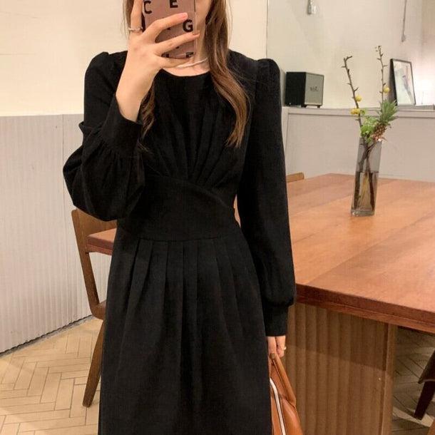 プリーツウエストブラックワンピース﻿ 6188-black_お取り寄せ6188-画像6-韓国ファッション通販POPREA［ポップリア］